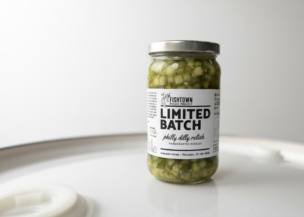 Jar of limited batch pickles on a white surface with a blurred background
