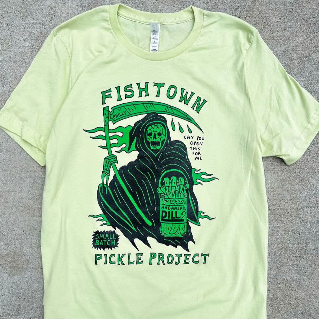 Custom art ode to our Habanero Dill pickles by beloved artist Eric Kenney of HEAVYSLIME. Green & black ink on lime green tee.