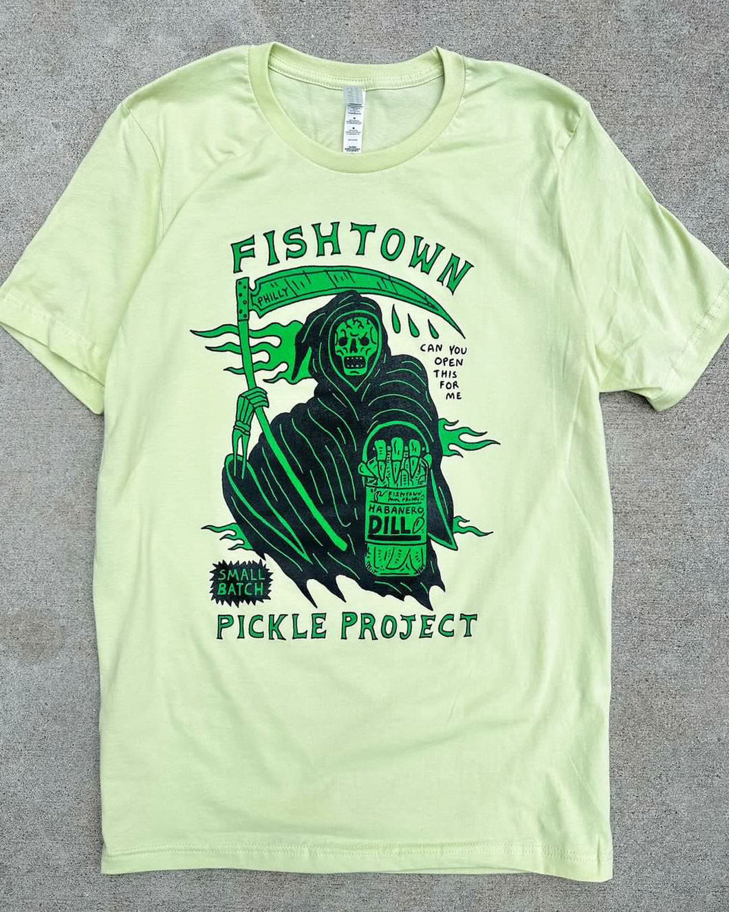 Custom art ode to our Habanero Dill pickles by beloved artist Eric Kenney of HEAVYSLIME. Green & black ink on lime green tee.